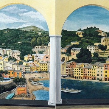 Arte sui Muri|trompe l'oeil|Portofino|dipinto su tavola|paesaggio marino|archi dipinti|bifora|genova